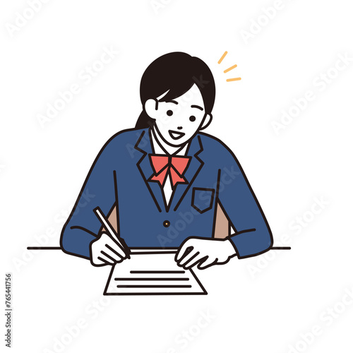 テストを受ける制服を着た10代の女の子のシンプルなイラスト
