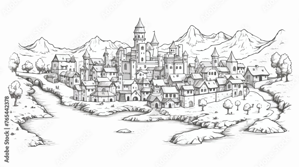Lokii34 Medieval city fantasy area map sketch. Mountain river