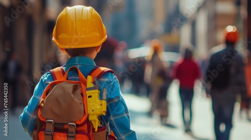 Education's Shadow: Blurred cityscape frames a child with a school bag full of construction tools, highlighting labor's shadow over learning. #765442350