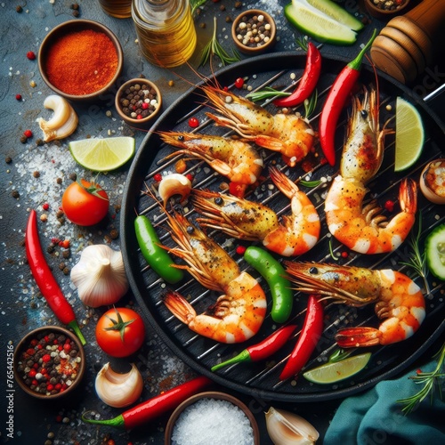 grilling shrimp on skewers, with Vegetables and spices on black table top