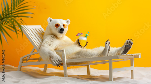 Polar bear lounging on a deck chair with a tropical drink