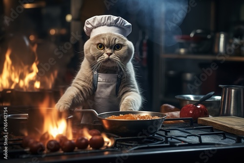A British Shorthair Cat Wearing a Chef's Hat Cooking   © zahidcreat0r