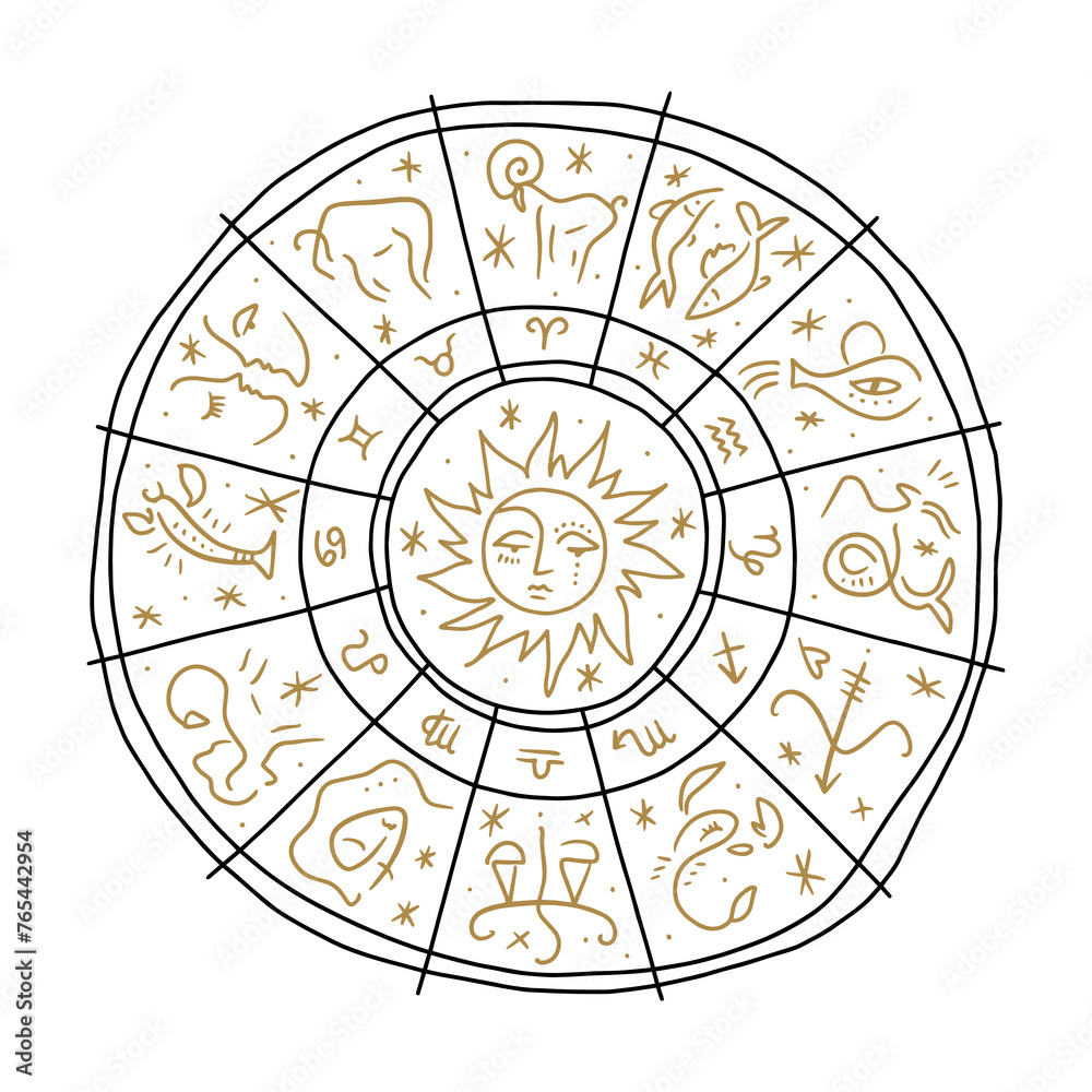 Gold Astrological Circle Zodiac Constellations Signs Diagram Vector Illustration Hand Drawn