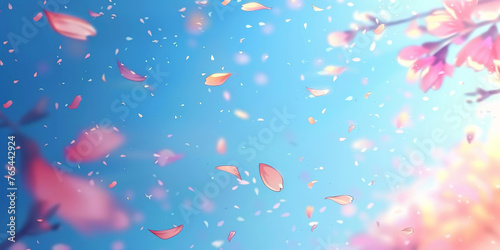  pink blossoms falling from the sky on blue sky background, pink cherry blossoms wallpaper banner, empty space background © Planetz