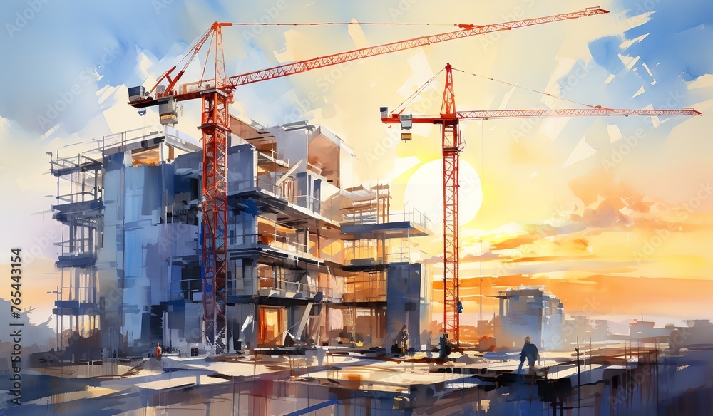 A Building Under Construction with Cranes and Workers

 - obrazy, fototapety, plakaty 
