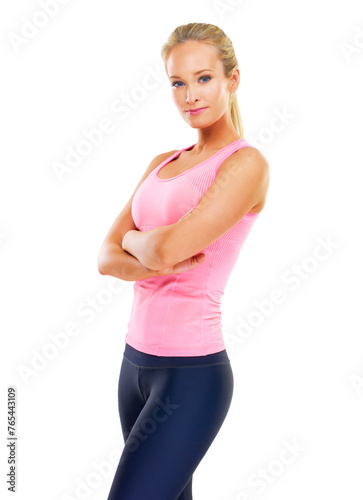 Portrait, woman and confidence in studio for fitness, workout and training for sports with mockup space. Girl, health and wellness on white background, arms crossed and exercise for slim figure