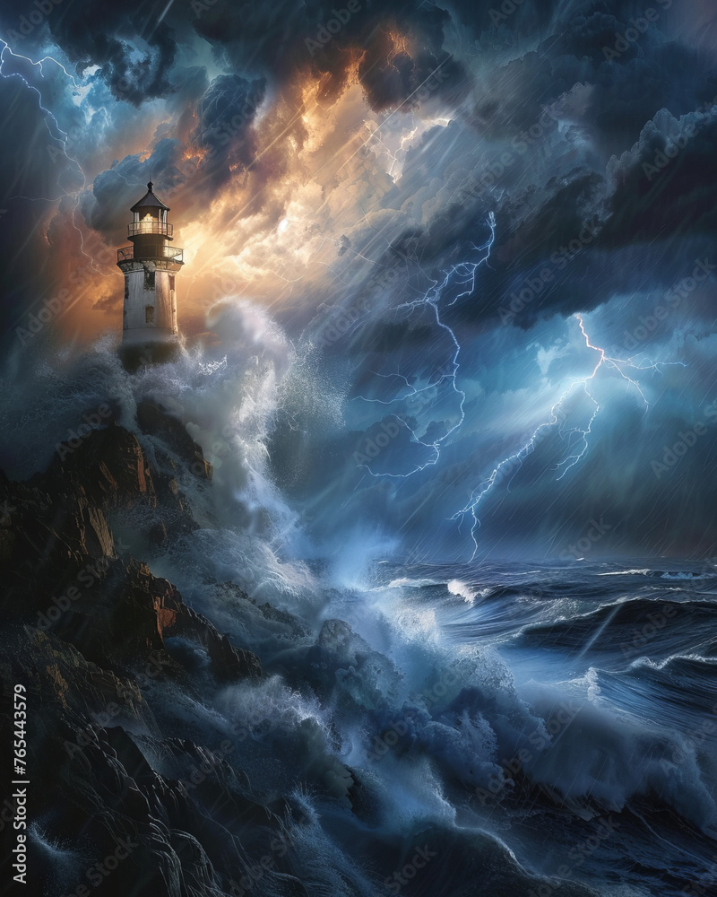 Captivating image of a lone lighthouse facing a dramatic storm, with crashing ocean waves and lightning under tumultuous clouds