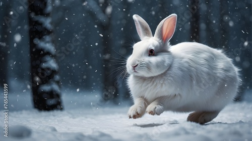 A fluffy white rabbit with determined eyes, leaping through a winter wonderland in pursuit of falling snowflakes.