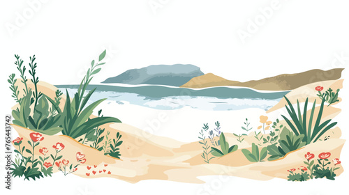 Coastline landscape with sand and wild plants flat