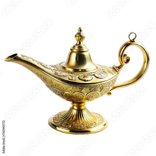 Golden magic lamp isolated on a transparent background.