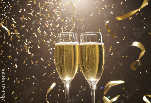 Glasses of champagne on New Year colorful background