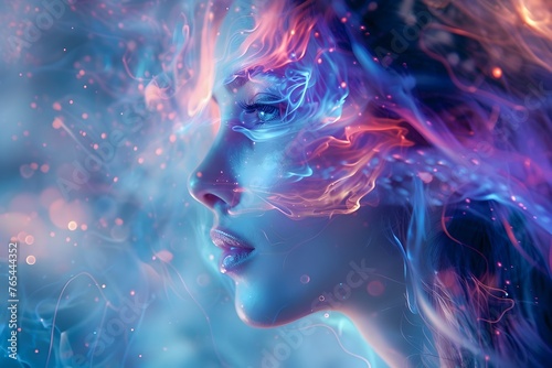 Enchanting Double Exposure Portrait of a Vibrant Cosmic Feminine Presence within a Shimmering Celestial Realm