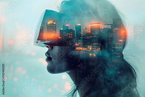 Futuristic Virtual World Merges with Woman's Consciousness in Captivating Double Exposure Cityscape