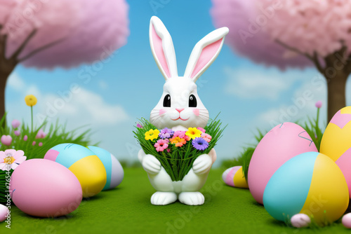 Festive adorable female Easter bunny in a colorful park surrounded by eggs, embodying joy and springtime celebration © cappellettipictures