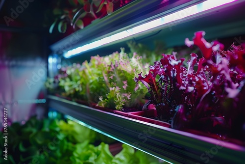 Vertical Farming with Lush Greenery Growing Under Artificial LED Lighting for Sustainable Urban Agriculture
