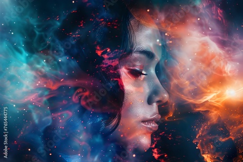 Ethereal Fantasy Portrait of Captivating Female Face with Cosmic Celestial Splash