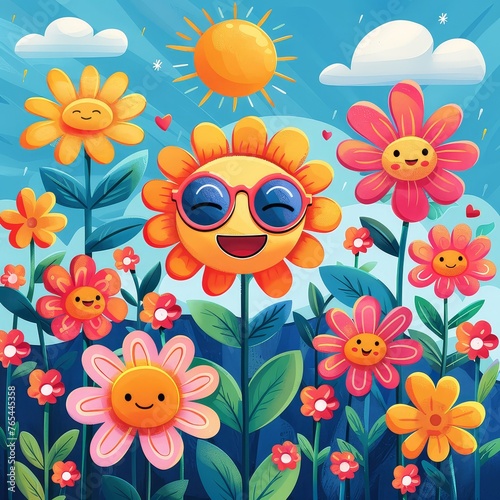 Whimsical Floral Characters in Sunny Garden Scene: Happy, Cheerful Artwork photo