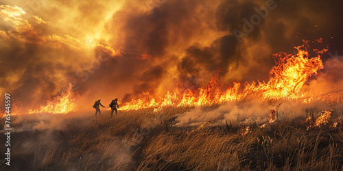 Silhouettes of people on horseback against a towering inferno in a wildfire, represents urgency and action