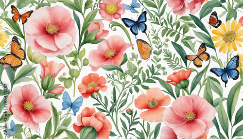 Watercolor wild flowers with butterflies illustration colorful background