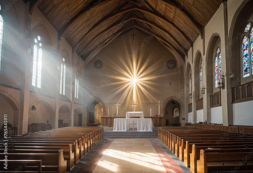 Interior of a church with rays of light coming through the window colorful background
