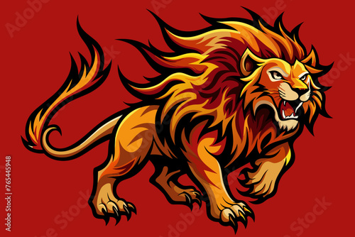 Fierceful lion with red background.