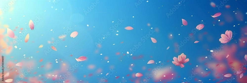 pink blossoms falling from the sky on blue sky background, pink cherry blossoms wallpaper banner, empty space background pink blossoms falling from the sky on blue sky background, pink cherry blossoms wallpaper banner, empty space background