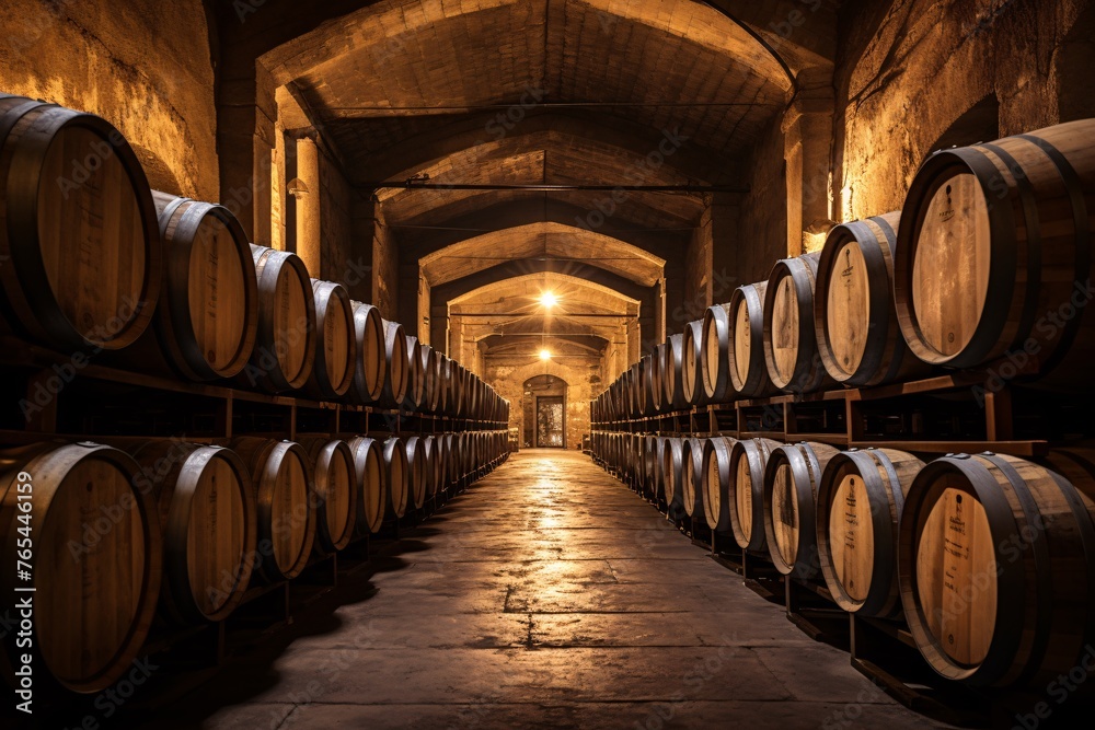 a rows of barrels in a cellar