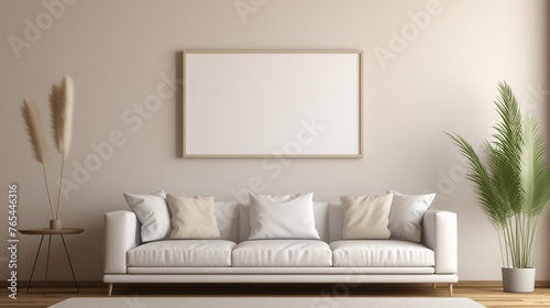 Design a blank horizontal poster frame mock-up within a modern living room interior.  