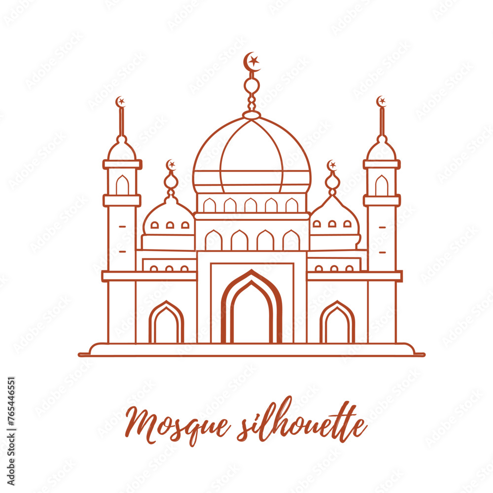 Churches illustrations. Mosque. Vector silhouettes line color illustrations on a white background.