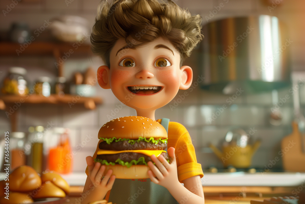 The boy happily holds the burguer in the kitchen. illustration. 3 d render style The boy happily holds the burguer in the kitchen. illustration. 3 d render style