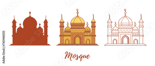 Churches illustrations. Mosque. Vector silhouettes line color illustrations on a white background.