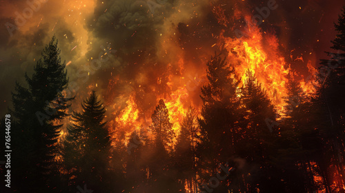 A terrifying scene of a forest fire with intense flames rising above the trees, set against a dark and smoky backdrop
