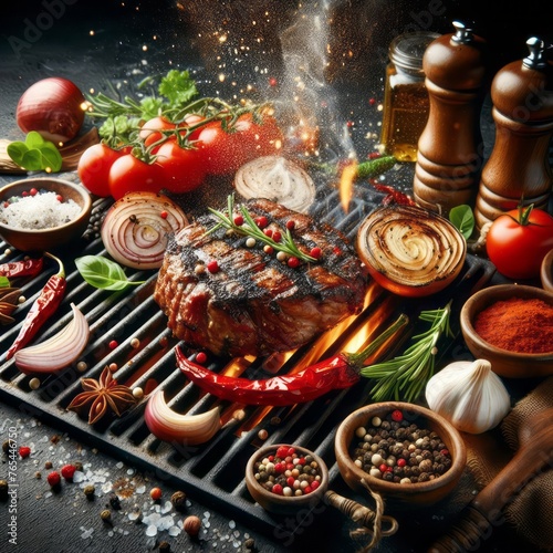 Grilling steak, BBQ meat with vegetables and spices on dark tabletop background PNG. Delicious barbeque with spices and vegetables.