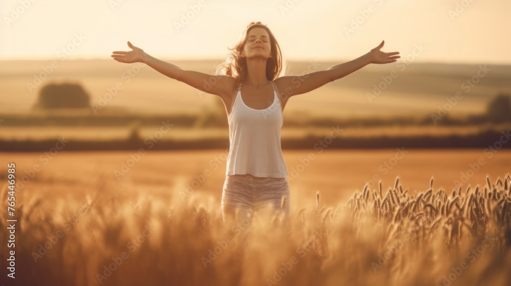 A woman is standing in a field of tall grass, with her arms outstretched A woman is standing in a field of tall grass, with her arms outstretched