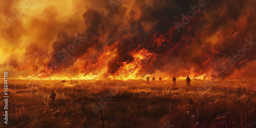 Brave firefighters are fighting against a massive ground fire, illustrating the human effort to combat natural disasters