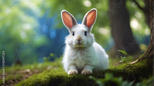  A cute little rabbit with blue eyes and white fur, sitting under a tree in a beautiful green forest, 