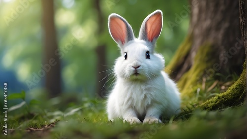  A cute little rabbit with blue eyes and white fur, sitting under a tree in a beautiful green forest, waving its hand.Type of Image: PhotographArt Styles: RealisticArt Inspirations: Nature photography © Waqasiii_Arts 
