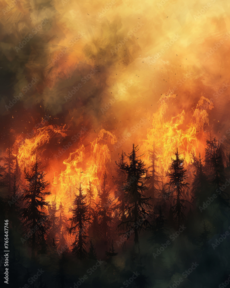 Intense and dramatic depiction of a wildfire blazing through a dense forest under a dark, smoky sky