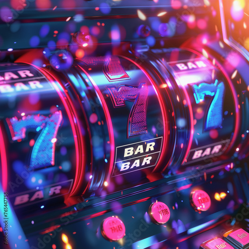 slot machine bathed in neon lights with a glossy finish