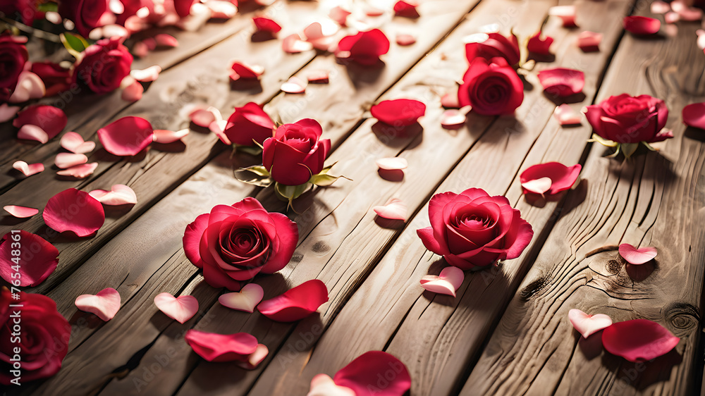 wooden background with roses and petals with empty space for greeting message. Love and greeting concept design. AI generated image, ai wooden background with roses and petals with empty space for greeting message. Love and greeting concept design. AI generated image, ai
