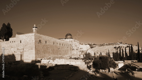 Historic Middle Eastern Architecture Sepia Toned Landscape With Ancient Walls And Dome