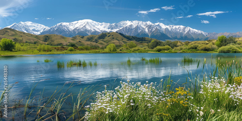 Beautiful lake with clear water surrounded by green mountains and snowcapped peaks in the background