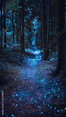 Mystical Blue Glowing Trail in Dark Forest 