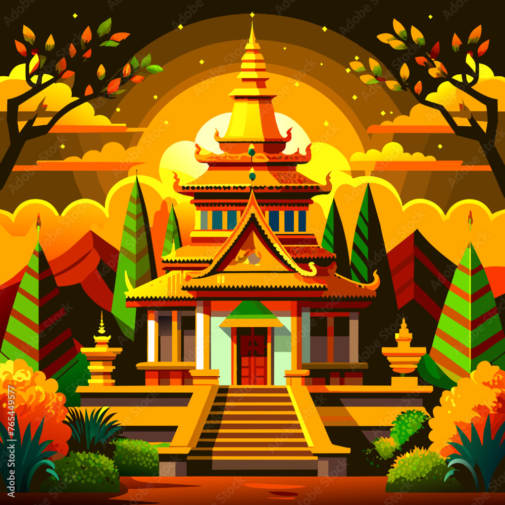 Buddhist temple in the forest. Vector illustration in flat style