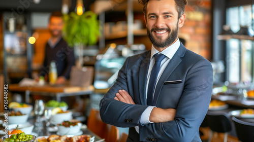 Charismatic businessman with arms crossed smiling in a restaurant with a person in the background