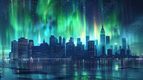 Neon Nights Cityscape Aglow with Aurora Borealis Magic