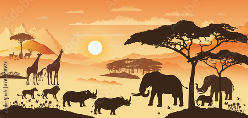 African illustration landscape with silhouettes of animal wildlife at sunset or sunset. © Painterstock