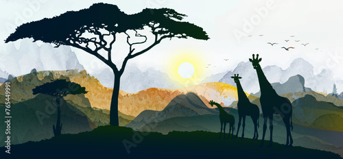 Giraffe family silhouettes, Vector illustration africa sunset panorama landscape.