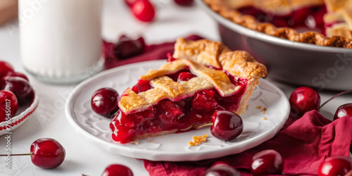 A slice of cherry pie on a white plate, 