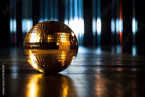 Golden disco ball in a dark empty room. Reflections of light on a disco ball Generative AI